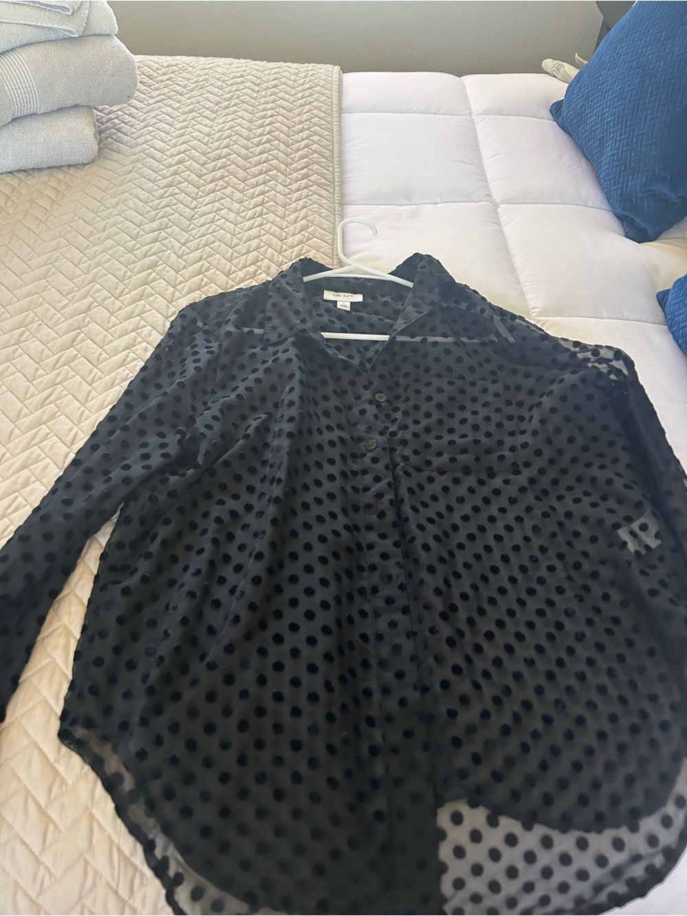 Black Sheer Polka Dot Button-Down Blouse